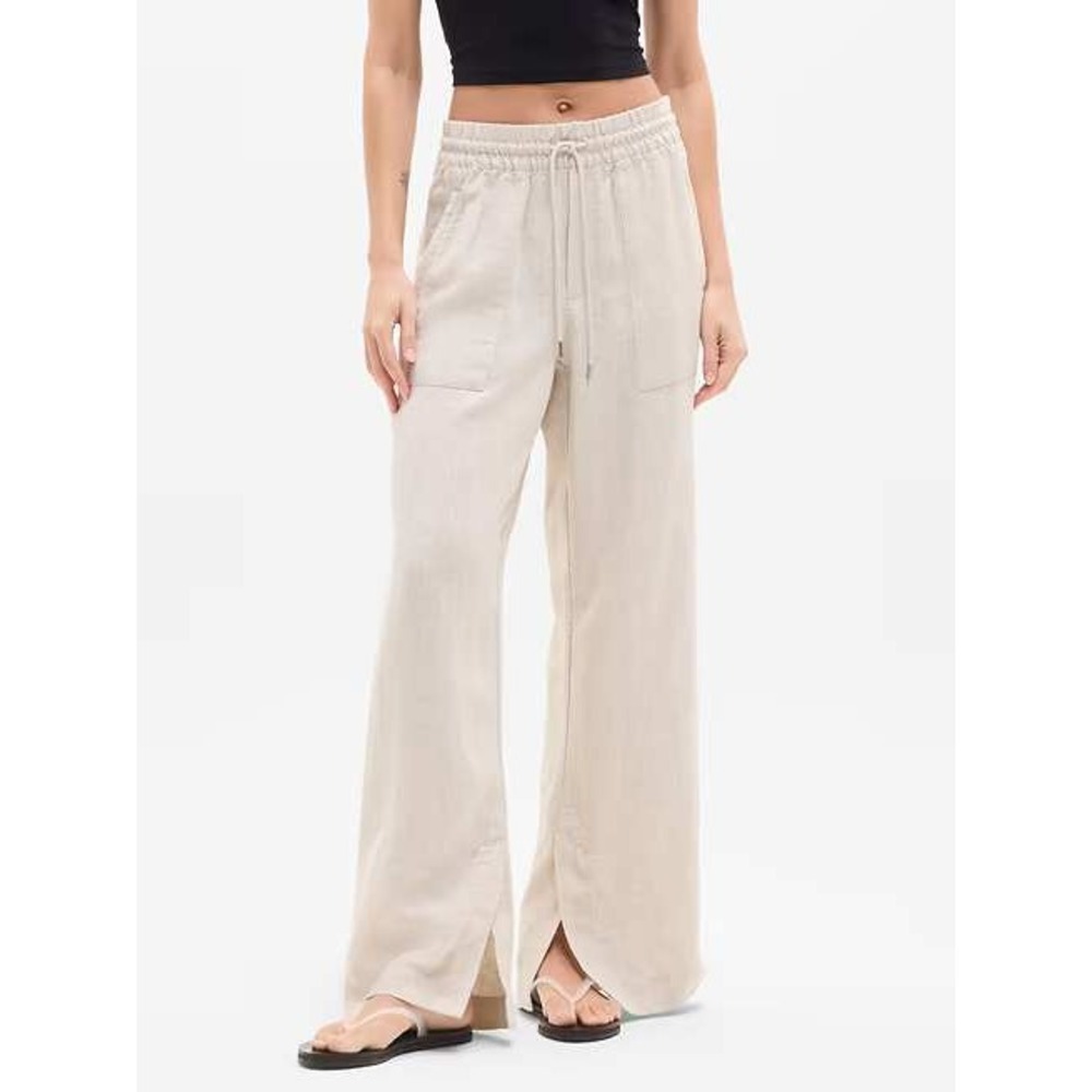 Athleta Retreat Linen Wide Leg Pant Oatmeal Beige Medium New With Tags